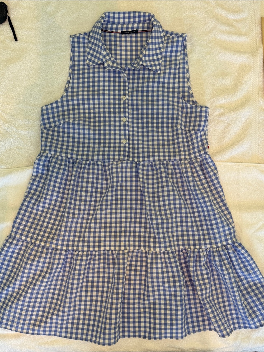 Tommy Hilfiger Blue and White Gingham Sleeveless Tiered Dress